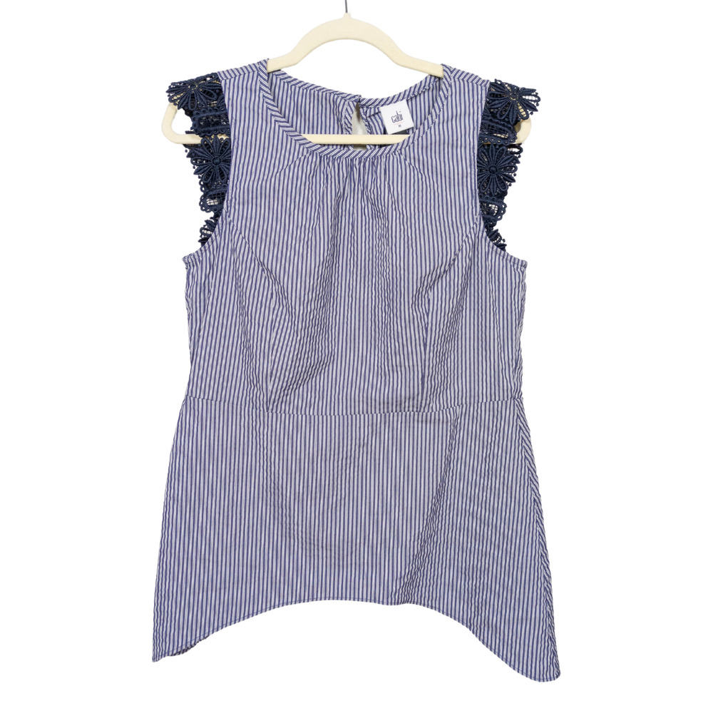 CAbi Blue and White Striped Blouse with Navy Lace Sleeves